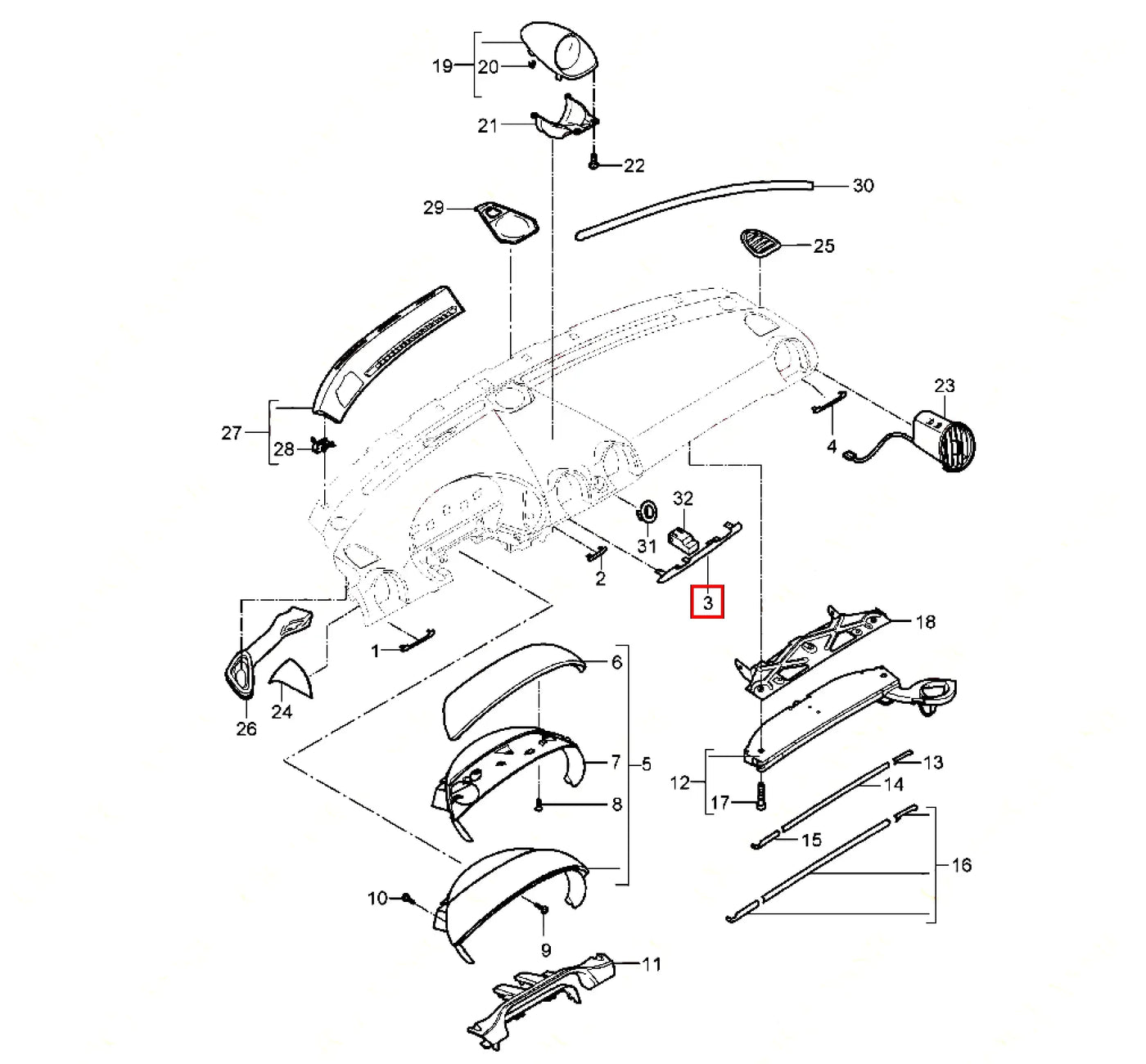 Cache Central Tableau de Bord - Porsche 987 - Revvo