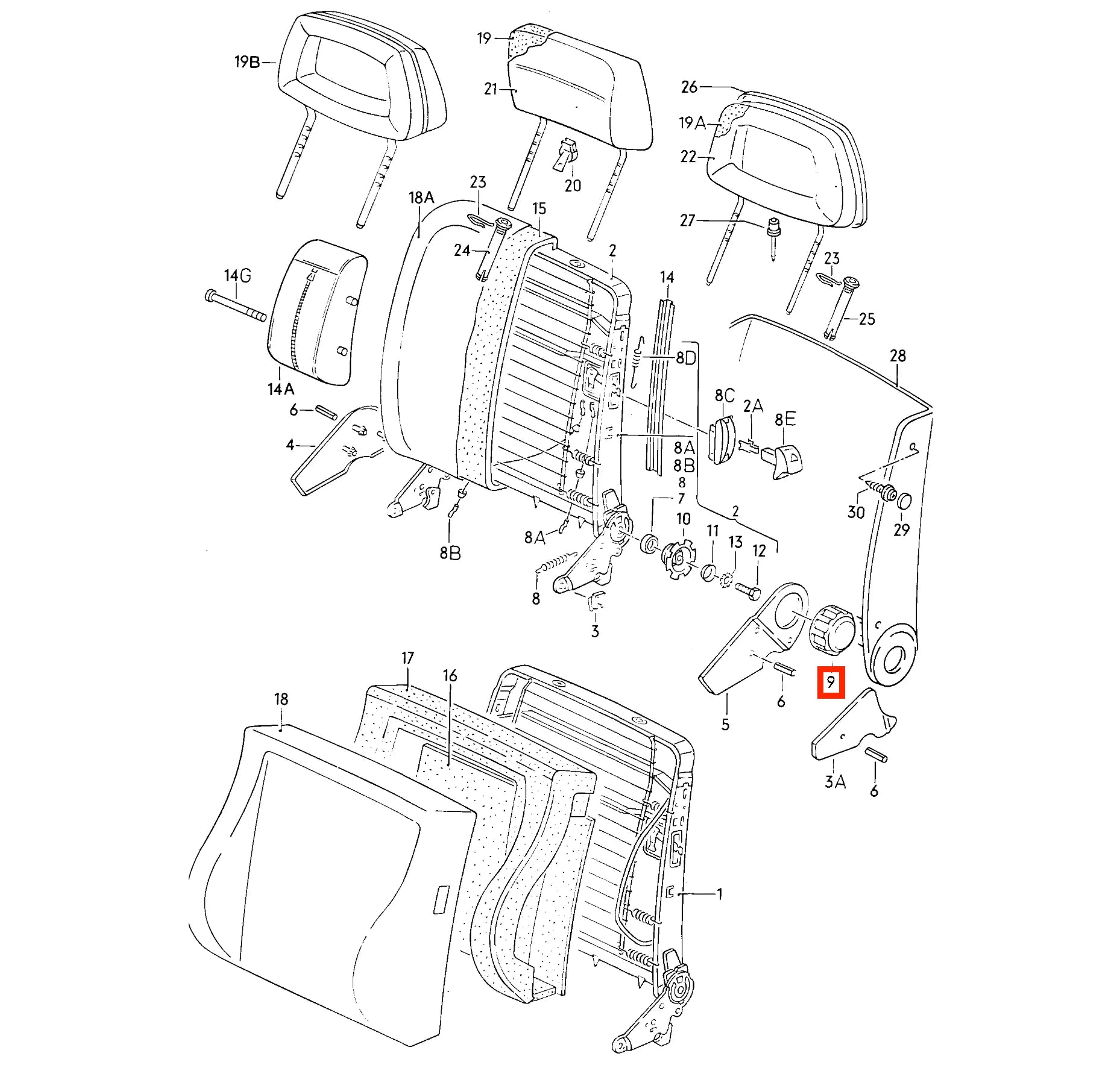 Molette de Réglage Dossier de Siège pour Audi 80, 90, 4000 et Quattro B2 (1978-1991)
