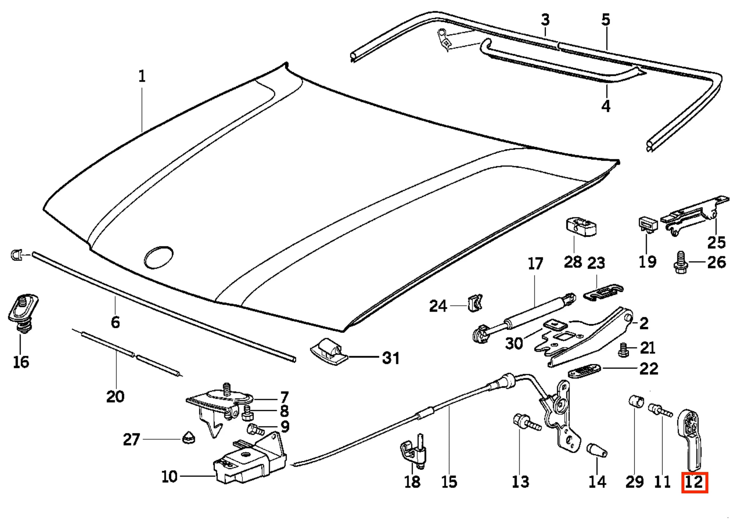 Poignée Déverrouillage Capot pour BMW E36, E34, E32, Z1, Z3 - Revvo
