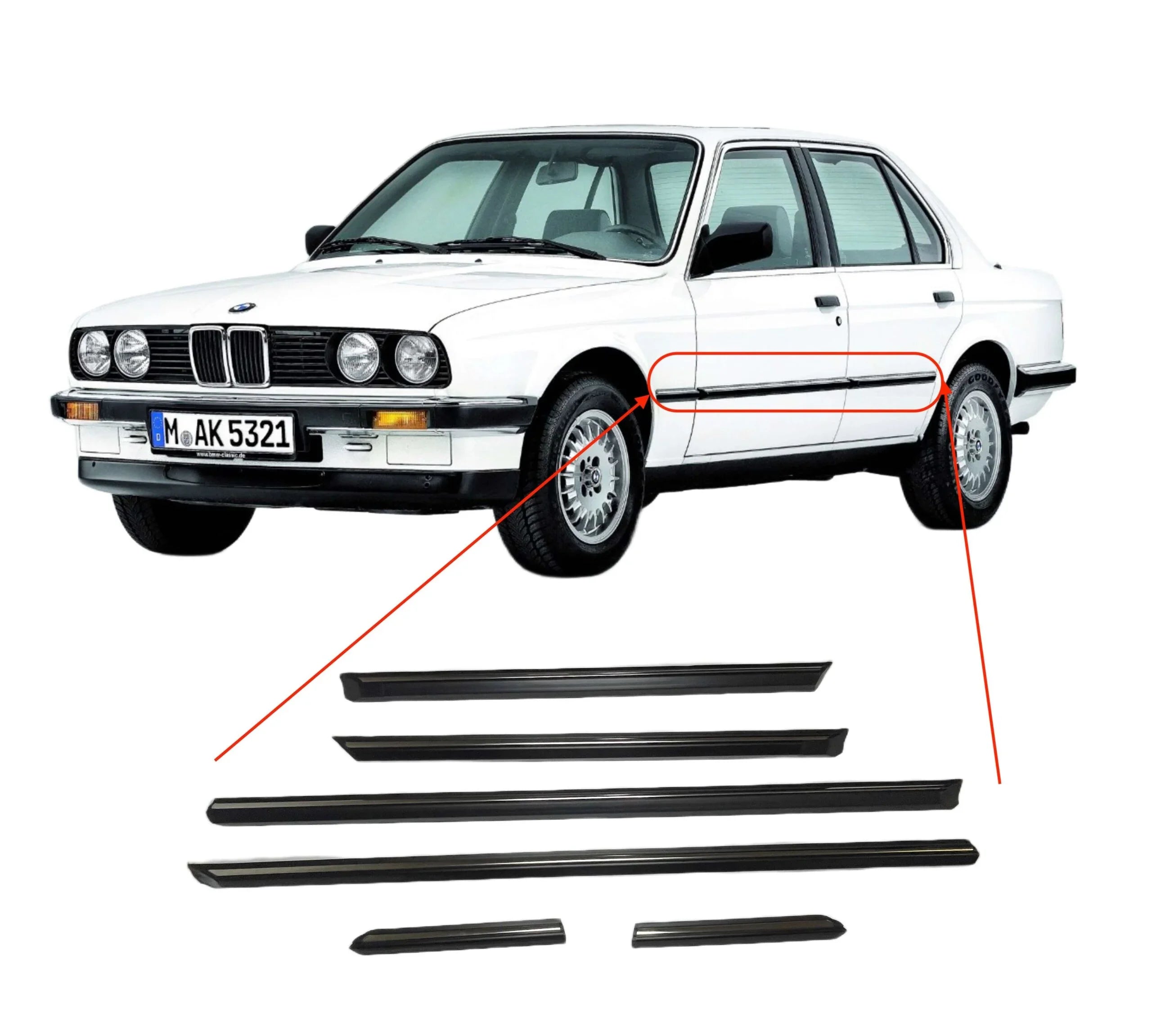 Kit Baguettes Latérales avec Insert Chromé pour BMW E30 Berline phase 2 - Revvo