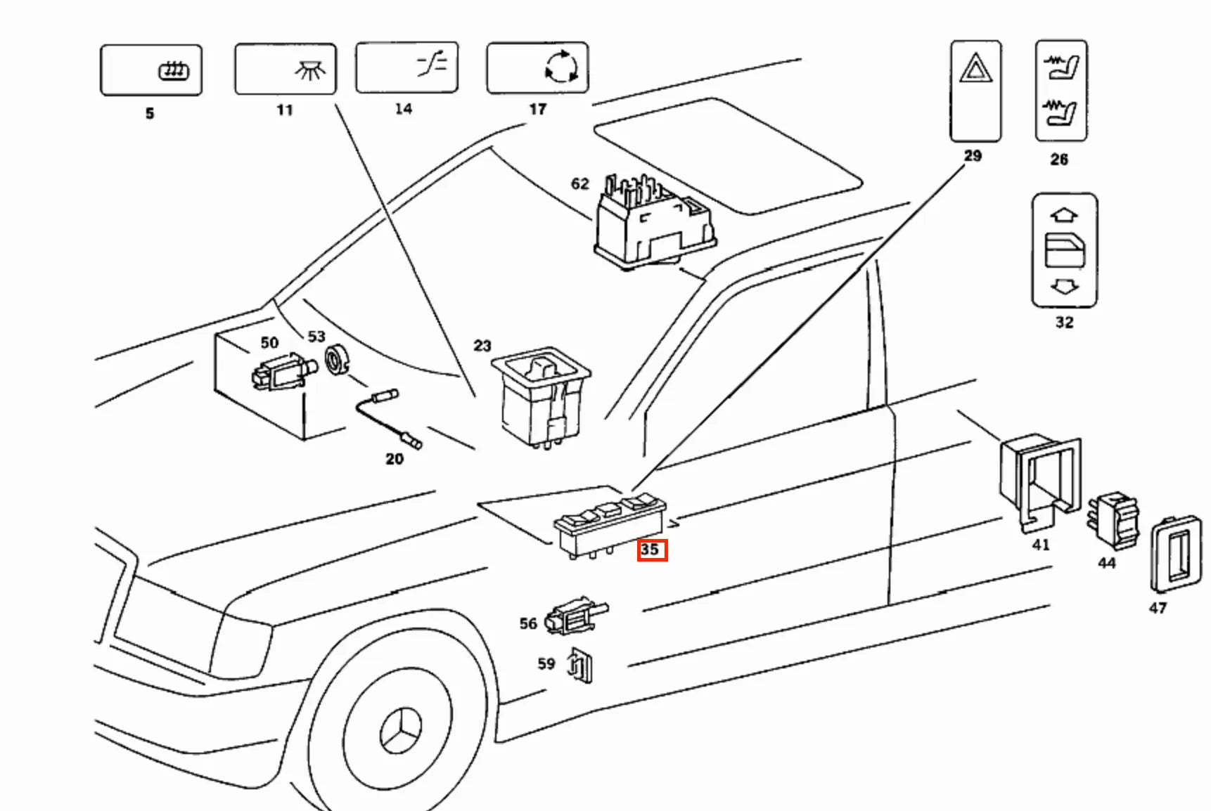 Double Interrupteur Lève-Vitre gauche pour Mercedes W201 / W123 / C126 - Revvo