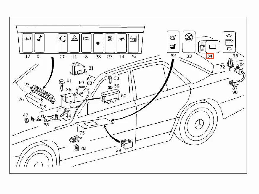 Interrupteur Sécurité Enfant pour Mercedes W124, W201, W210, W140, W126, W463 et R129