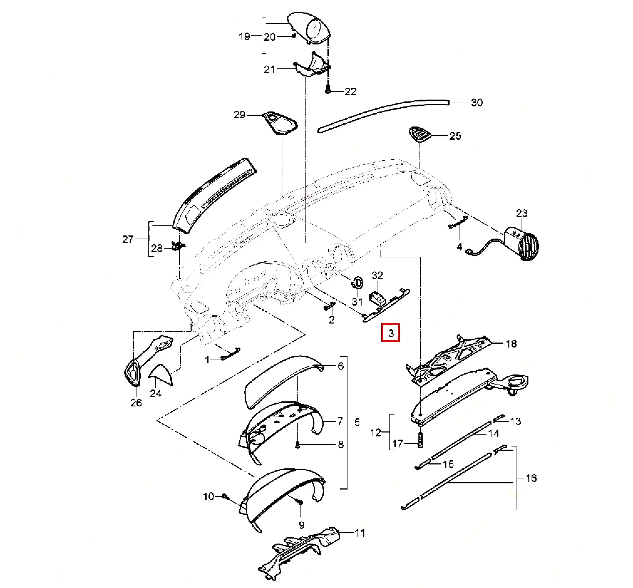 Porsche 987 - Cache Central Tableau de Bord